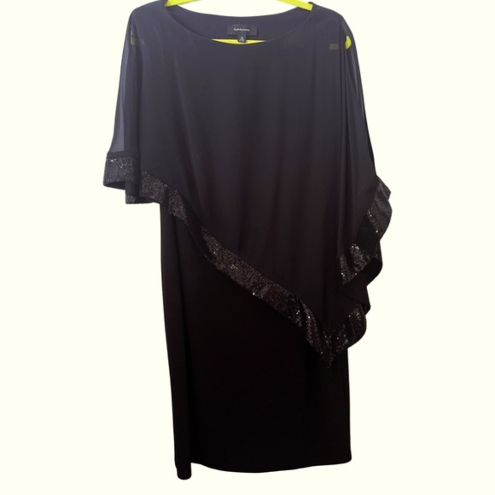 R&M Richards black dress with sequin trim cape overlay